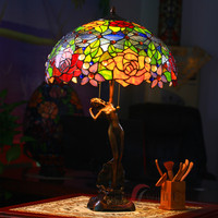Lampe de table/bureau en verre coloré rétro de style européen, motif floral et animal, base en cuivre pur, vente en gros sur mesure