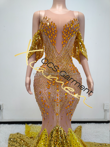 Vestido de Dama de Honor de Lujo MF con Lentejuelas de Satén, Pedrería Brillante, Dorado con Cuentas de Diamantes, Elegante Vestido de Gala con Cola Larga para Bodas - Product Image 3