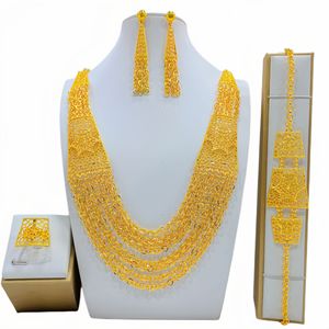24K Gold Plated Dubai Wedding Jewelry <b>Set</b> Necklace Earrings Ring <b>Bracelet</b> Women's Ethnic Tassel Style Fashion Jewelry - Product Image 3