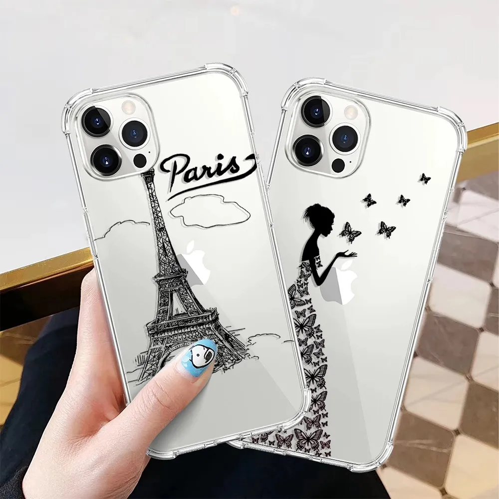 Eiffel Tower Soft Transparent Silicone Case For 7/8 Plus Painted TPU Air Cushion Shockproof Cover for iPhone 11/12/13 Pro Max