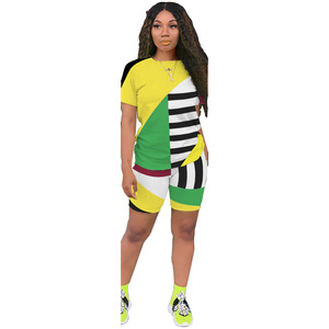 Verano geometría rayado empalme 2 piezas traje de pista trajes ocio deportes dos piezas pantalones cortos conjunto ropa de mujer - Product Image 3