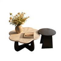 Table basse de salon sur mesure en bois sculpté avec panneau en forme de pétale, tiroir de rangement dissimulé et écologique
