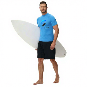 T-shirt de compression bleu à manches courtes pour homme, séchage rapide, couleur unie, haut de sport avec logo imprimé sur le devant, coupe classique - Product Image 3