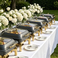 Luxe zwarte vierkante chafing dish met glazen deksel voor catering, als luxe voedselwarmer in de grote hotelzaal.