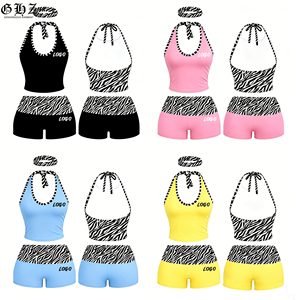 Nouvelle Arrivée Vêtements Femme Y2K Ensemble Lounge 2 Pièces Personnalisable avec LOGO Imprimé Zèbre : <span class=keywords><strong>Bandeau</strong></span>, Haut Halter <span class=keywords><strong>Dos</strong></span> <span class=keywords><strong>Nu</strong></span> et Short à Rabats - Product Image 1
