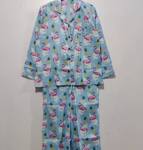 100% algodón puro hecho a mano para mujer cómodo estampado diario tobillo largo pijama conjunto manga larga cuello vuelto botón bolsillos más cercanos - Product Image 1