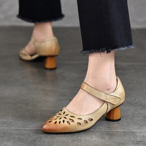 Zapatos de tacón alto cómodos y a la moda para verano, sandalias con punta abierta y orificios, hechas de cuero genuino de vaca, sandalias huecas. - Product Image 2