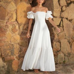 Robes longues plissées à manches courtes sur mesure 2025, ajustées avec volants, service OEM, pour femme, taille haute, blanches, simples, pour soirée - Product Image 1