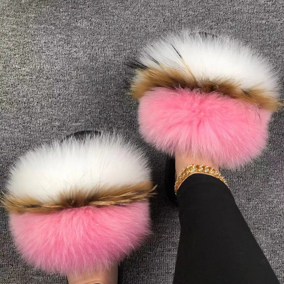 2021 new design Wholesale real fur slide fox fur slippers for women