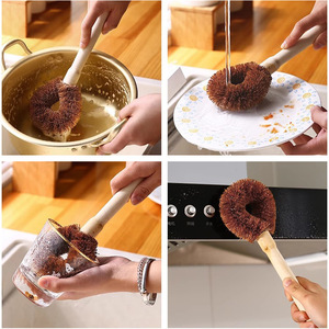 Coconut Wooden Handle Pot Brush Long Handle Dish <b>Cleaning</b> Brush For Kitchen Use - Product Image 3