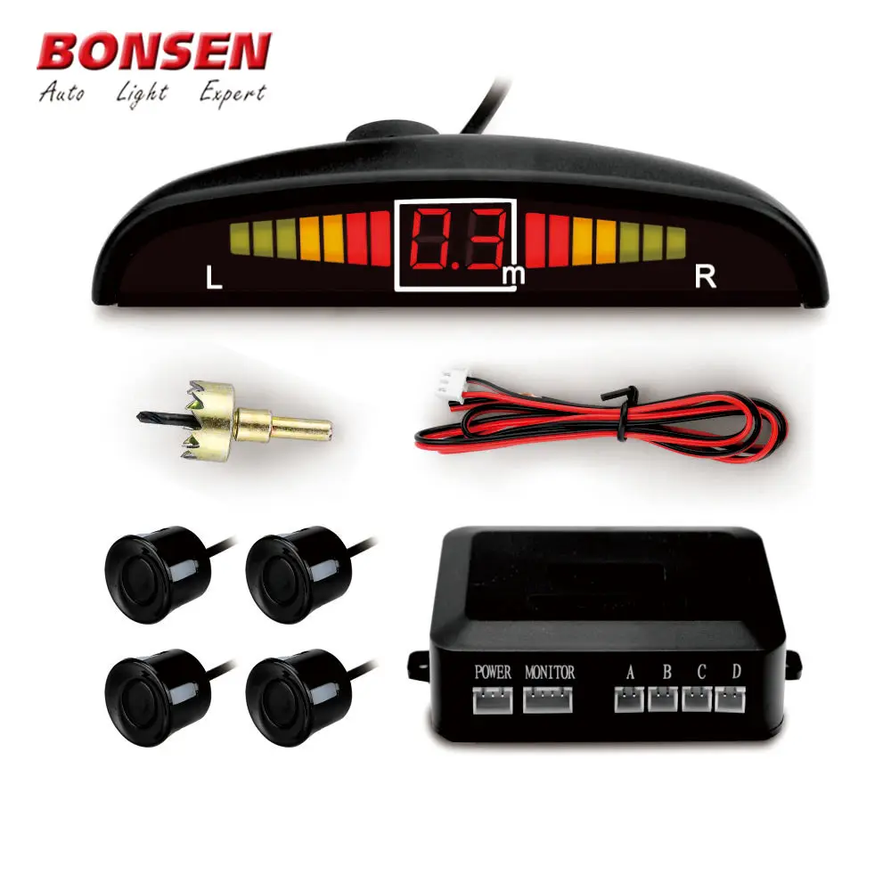 Sensor de estacionamento automotivo, sistema com led, sensor para estacionamento, com 4 sensores, monitor radar, display de luz de fundo