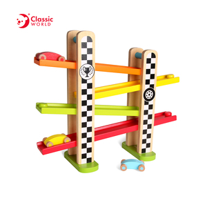 Plywood Solid Wood Educational Baby Toy Colorful Wooden Car Race Track Ramp Toy with 3 Race Cars