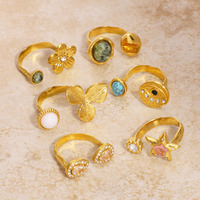 Bague feuille florale plaquée or 18 carats véritable zircone et pierre naturelle bande ouverte bijoux en acier inoxydable conception de bague à la mode