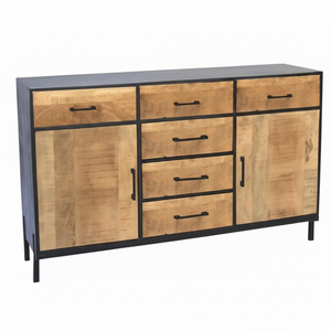 Commode de style industriel en fer et en manguier massif avec 6 tiroirs et 2 portes Armoire de rangement pour meubles de salon - Product Image 1