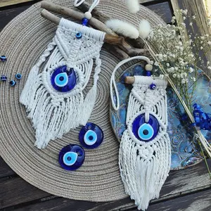 Olho Azul Turco Hangings Parede Handmade Algodão Tecido Tapeçaria Pingente Dream Catcher Casa Sala Decoração