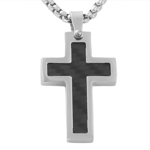 Men's Stainless Steel <b>Cross</b> Pendant With Carbon Fiber Inlay Geometric Design Necklace 120127 - Product Image 1