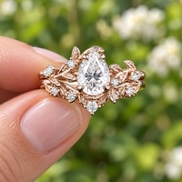 Ensemble de mariage vintage en moissanite poire, alliance de contour en grappe de feuilles, or rose massif 9K 10K 14K 18K, bagues style forêt GRA