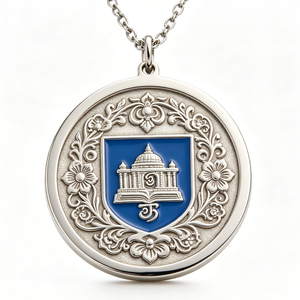 Médaille circulaire plaquée argent avec bouclier en émail bleu et motif floral pour l'occasion de remise des diplômes - Product Image 2