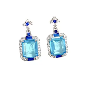 Aurora Blue Fine Jewellery Faux Topaze Aquamarine Bague Pendentif De Luxe Princesse Carré Diamant Coloré Trésor Ensemble pour Femmes