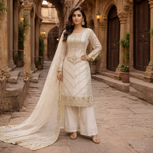 For Embroidered Elegant Women Salwar Kameez Set with Dupatta Long Sleeve Diwali Wedding Party Dress Indian Pakistani Outfit - Product Image 1
