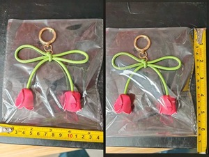 美しい革製フラワーキーホルダー、蝶結びチャーム、可愛い3Dチューリップキーリング、デザイナーバックパック、車用ジュエリーペンダント、女性、女の子へのギフト - Product Image 4
