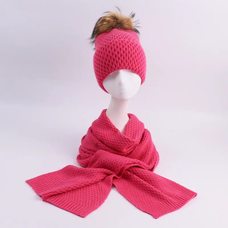 Rose pink winter hat scarf set warm women's angora hats beanie with pom customize logo set