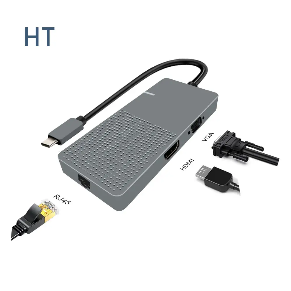 High Quality Universal 8 In 1 Multiport Type C To Hd-mi + Vga + Lan Port + 2*usb 2.0 + 2*usb 3.0+ Usb-c Hub Cable Adapter