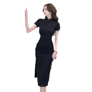 Modern Chinese Style Cheongsam Dress With Frog Buttons Stand Neckline Mid Length Slit Bodycon Evening Dress Breathable - Product Image 5