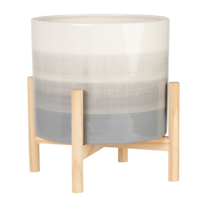 Vaso in ceramica con supporto in legno di pino, rotondo, per uso interno ed esterno - Product Image 2