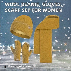 new Women's Long Cold Weather 100% <b>Wool</b> Jacquard Knit Beanie Touch Screen <b>Gloves</b> Cozy Skull Cap Scarf Set Letter Heat-Transfer - Product Image 2