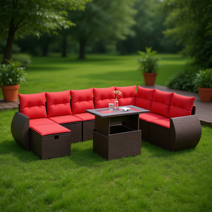 Brown Poly <b>Rattan</b> Garden <b>Sofa</b> Set With Cushions 9 Piece Outdoor Furniture Contemporary Design For Garden Seating Capacity 6 - Product Image 2