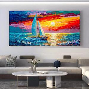 Tableau mural encadré de bateau à voile nautique, art abstrait texturé 3D, <span class=keywords><strong>peinture</strong></span> à l'huile faite à la main, décoration de salon, toile de coucher de soleil, peintures décoratives - Product Image 6