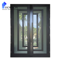 Portes de Sécurité Extérieures Doubles Modernes Style Mid-Century avec Grille, Verre, Isolation Thermique, Fibre de Verre, Modèle Houlon WID, Personnalisées pour Villa