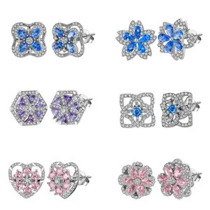 925 Sterling Silver Rhodium Plated 5A Pink or Blue Cubic Zircon Clear Rotatable Earring For Women Find Jewelry