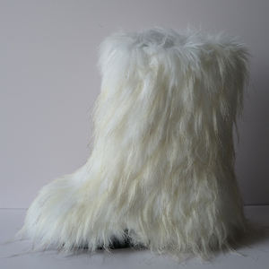 Koleksi musim dingin sepatu bot hak tinggi wanita, sepatu bot bulu putih palsu wedges ujung bulat Lucu - Product Image 4