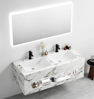 Ensemble de meuble-lavabo mural moderne en marbre avec double vasque, miroir LED intelligent et design de luxe à double bassin