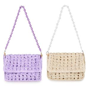 Bolso Tote <span class=keywords><strong>de</strong></span> Hombro Plegable <span class=keywords><strong>de</strong></span> Paja Tejida a Mano con Correa <span class=keywords><strong>de</strong></span> Perlas Lavanda Beige, Forrado, para Mujer, Playa, Fiesta, Viaje, Regalo - Product Image 1