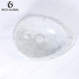 Lavabo en marbre blanc, lavabo ovale, lavabo de salle de bain à poser sur le comptoir, design intégré en une seule pièce - Product Image 3