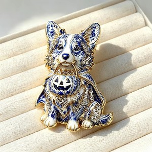 Broche <span class=keywords><strong>Corgi</strong></span> style porcelaine bleue et blanche, motif chien citrouille d'Halloween - Product Image 5