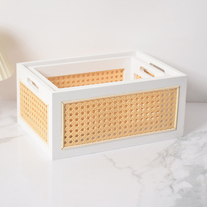 Rectangular Bamboo Woven Wooden Storage Basket With Handles For Desk Organization - Product Image 1