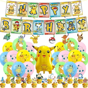 RTS Poke mom Theme Birthday Decoration Set New Arrival Cartoon Pika chu Poke mom Party Decoration Balloon Set With Flag Banne