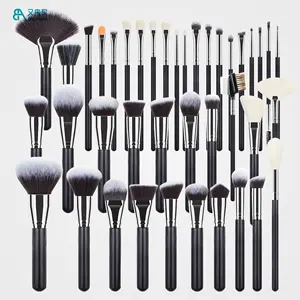 Drop shipping product private label wood handle full makeup brush set all in one 40pc Silver and black makeup brush set