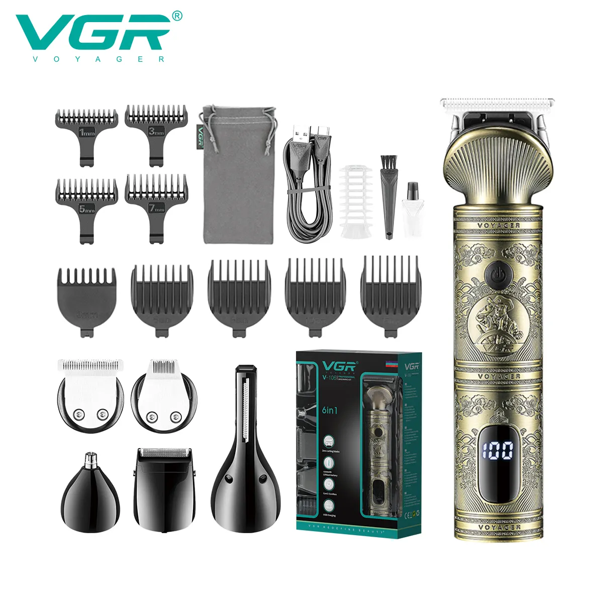 VGR V-106 6 in 1 Grooming Kit Rechargeable Body Trimmer Professional Electric Shaver Cordless Hair Trimmer Set for Men