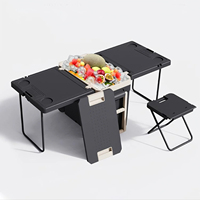 Ensemble table et chaises pliantes pour camping en plein air, glacière isotherme 32L, table de pique-nique multifonction 2 en 1 avec roulettes