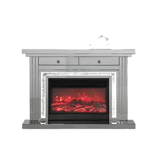 meubles de salon Fireplace with Sparkling Diamond Nest Decorative Indoor Silver Mirrored Fireplace with LED Lights For Living R
