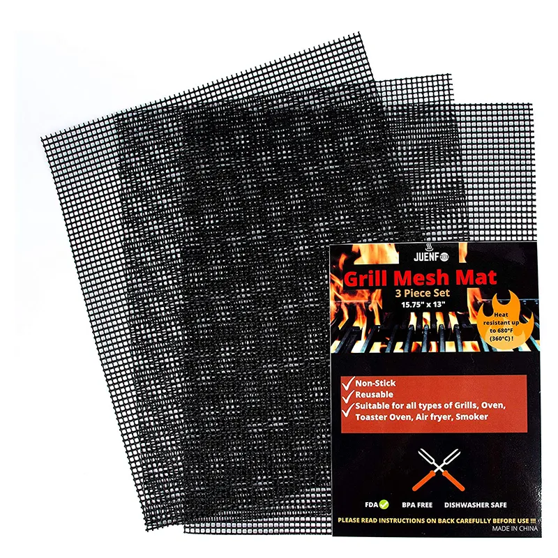Food Grade PTFE Coated Fiberglass Non-stick Black PTFE BBQ Grill Mesh Mats with or without Edging