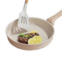 Poêle à frire antiadhésive en émail Maifanite avec poignée en bois, design moderne et minimaliste, compatible induction et gaz, pour la cuisine à domicile