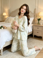 Pyjama décontracté en fibre de bambou pour femme, taille élastique, haut à manches longues et pantalon fin, imprimé floral, col pull, respirant, printemps/automne