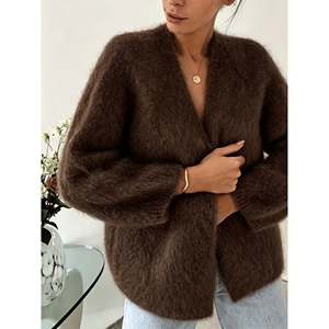 Cardigan en peluche style alpaga pour femme, marron café, taille S(66), élégant haut d'hiver - Product Image 3