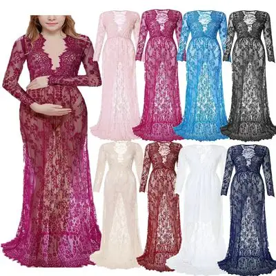 Popular Extra Long Lace Women Photography Dress Couple Maternity Photography Props Maxi Maternity Gown Lace Maternity Dress